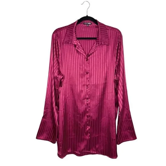 Fashion Nova Women’s XL Stripe This Way Satin Shirt Burgundy NEW - Picture 4 of 8
